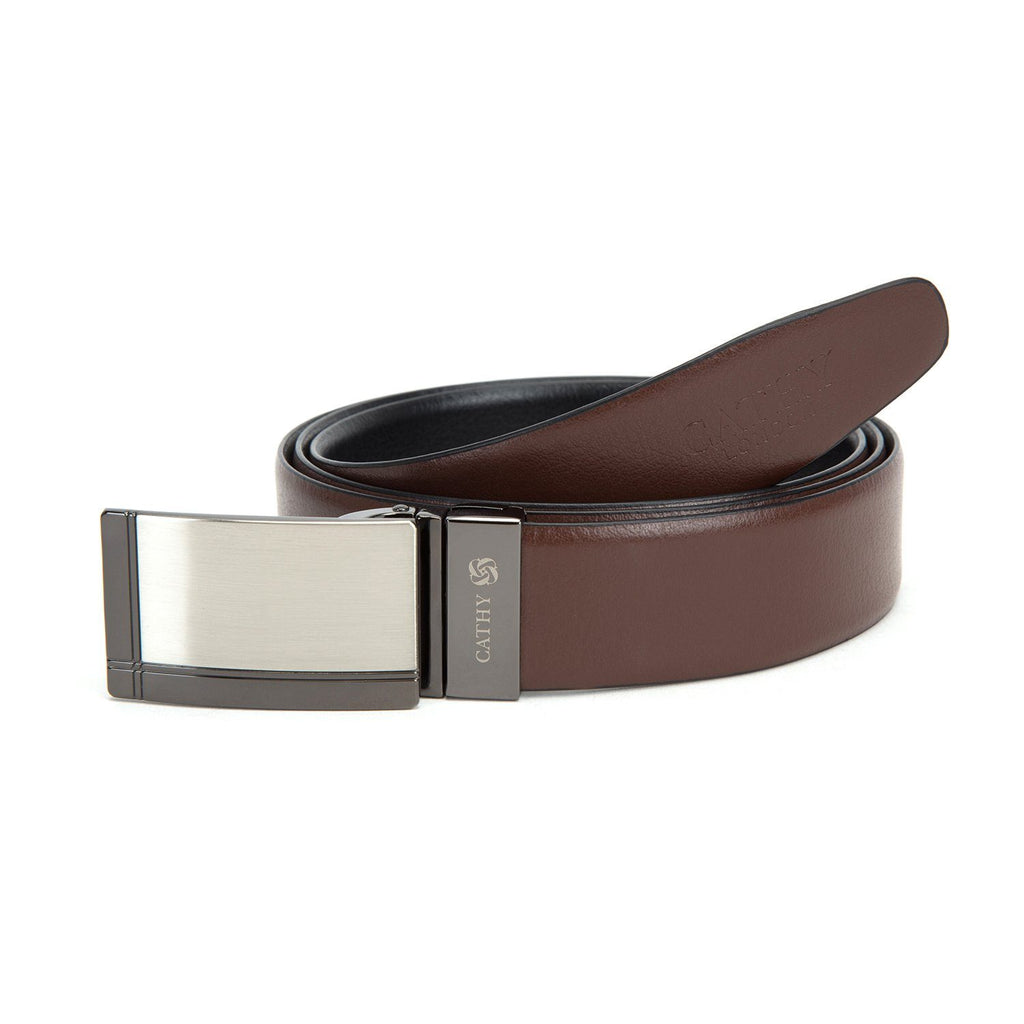 Men's Reversible Classic Dress Belt Top Grain Italian Leather Black & Brown with Rotating Silver Metal Buckle Cathy-London 