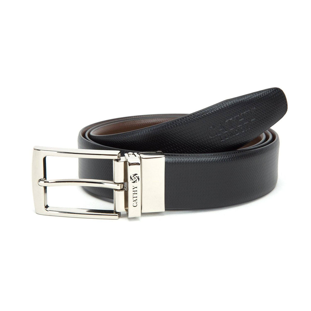 Men's Reversible Classic Dress Belt Top Grain Italian Leather Black & Brown with Rotating Silver Metal Buckle Cathy-London 