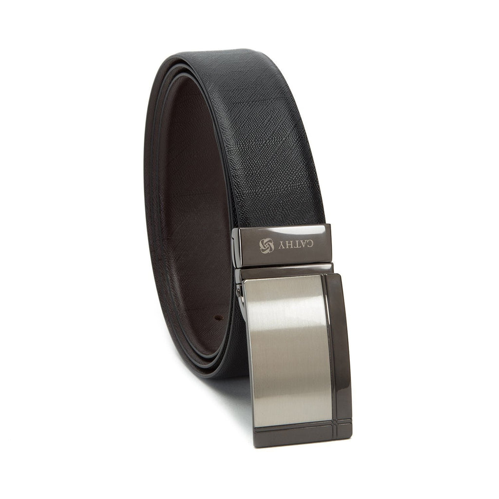 Men's Reversible Classic Dress Belt Top Grain Italian Leather Black & Brown with Rotating Silver Metal Buckle Cathy-London 