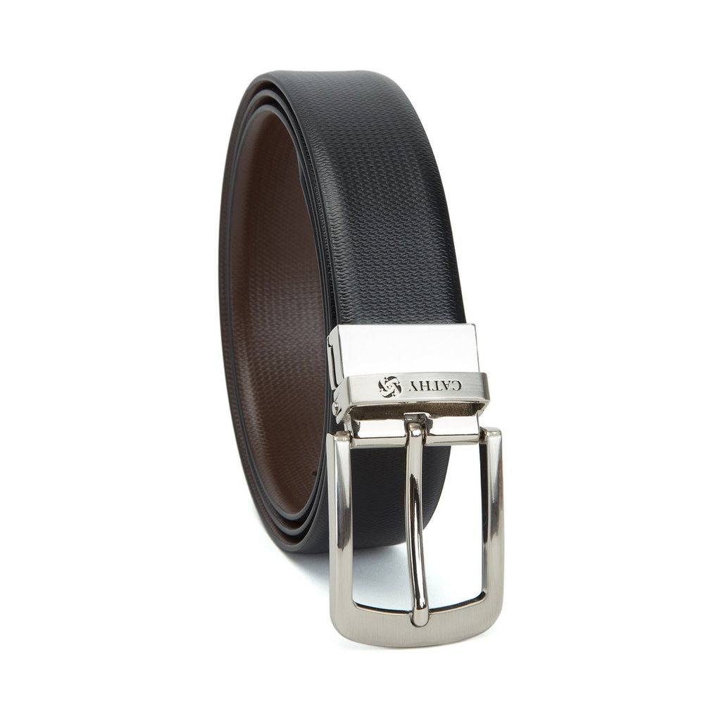 Men's Reversible Classic Dress Belt Top Grain Italian Leather Black & Brown with Rotating Silver Metal Buckle Cathy-London 