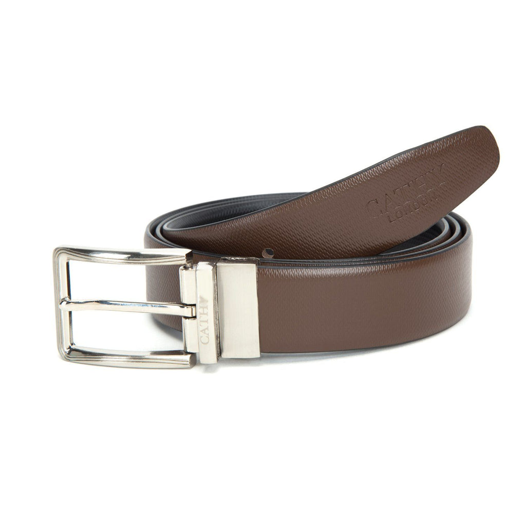 Men's Reversible Classic Dress Belt Top Grain Italian Leather Black & Brown with Rotating Silver Metal Buckle Cathy-London 