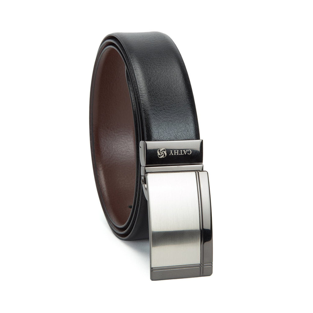Men's Reversible Classic Dress Belt Top Grain Italian Leather Black & Brown with Rotating Silver Metal Buckle Cathy-London 