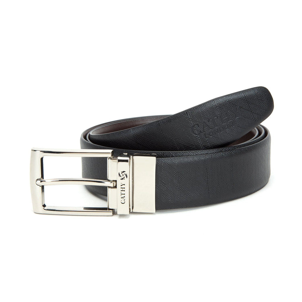Men's Reversible Classic Dress Belt Top Grain Italian Leather Black & Brown with Rotating Silver Metal Buckle Cathy-London 