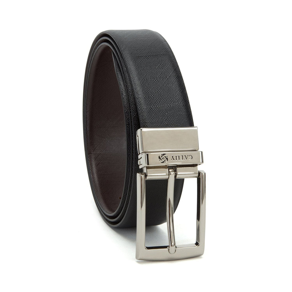 Men's Reversible Classic Dress Belt Top Grain Italian Leather Black & Brown with Rotating Silver Metal Buckle Cathy-London 