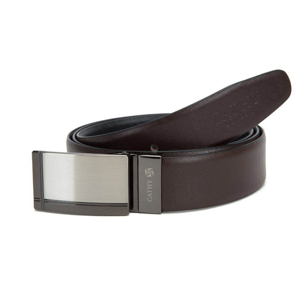 Men's Reversible Classic Dress Belt Top Grain Italian Leather Black & Brown with Rotating Silver Metal Buckle Cathy-London 