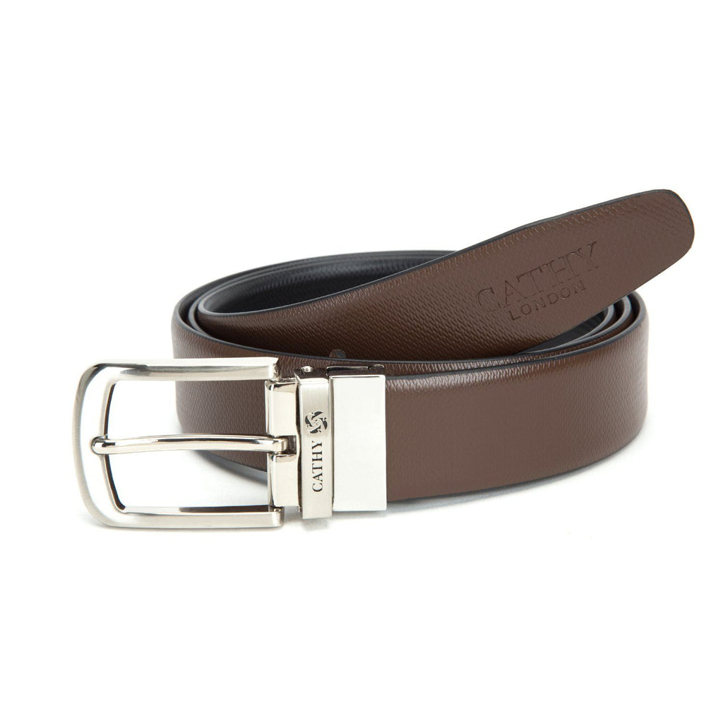 Men's Reversible Classic Dress Belt Top Grain Italian Leather Black & Brown with Rotating Silver Metal Buckle Cathy-London 