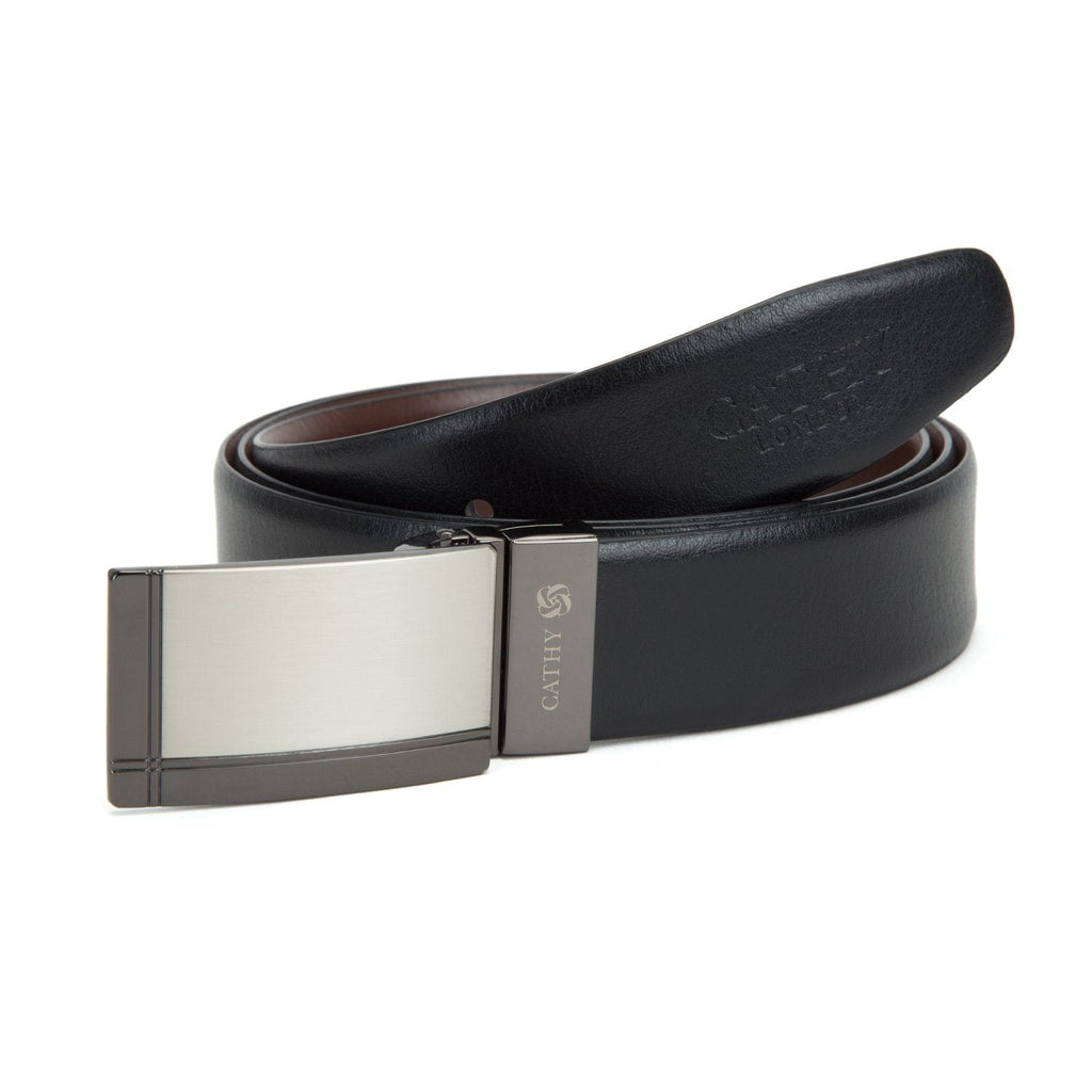 Men's Reversible Classic Dress Belt Top Grain Italian Leather Black & Brown with Rotating Silver Metal Buckle Cathy-London 