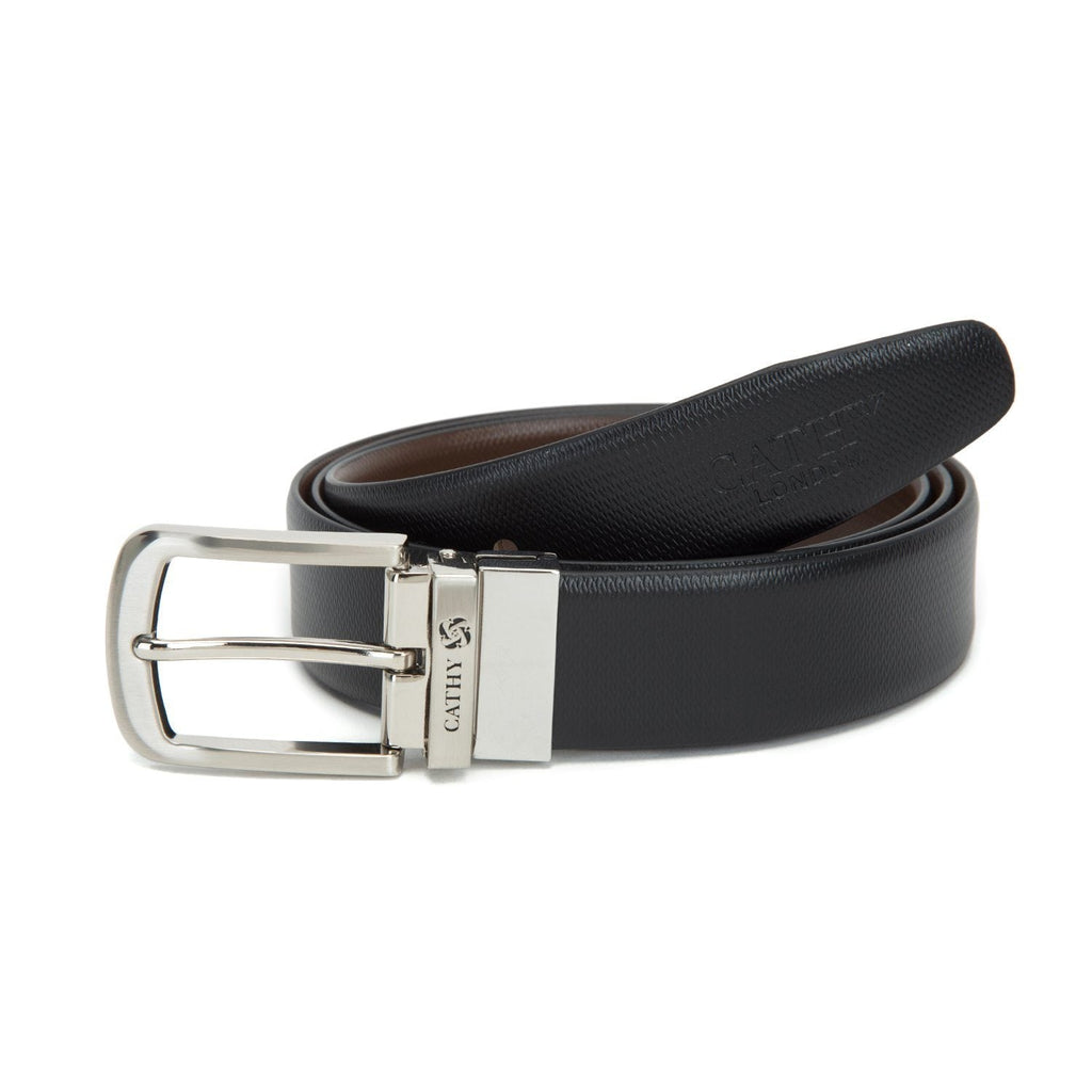 Men's Reversible Classic Dress Belt Top Grain Italian Leather Black & Brown with Rotating Silver Metal Buckle Cathy-London 