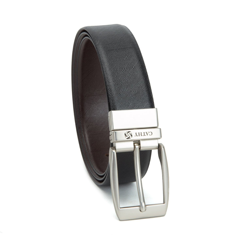 Men's Reversible Classic Dress Belt Top Grain Italian Leather Black & Brown with Rotating Silver Metal Buckle Cathy-London 