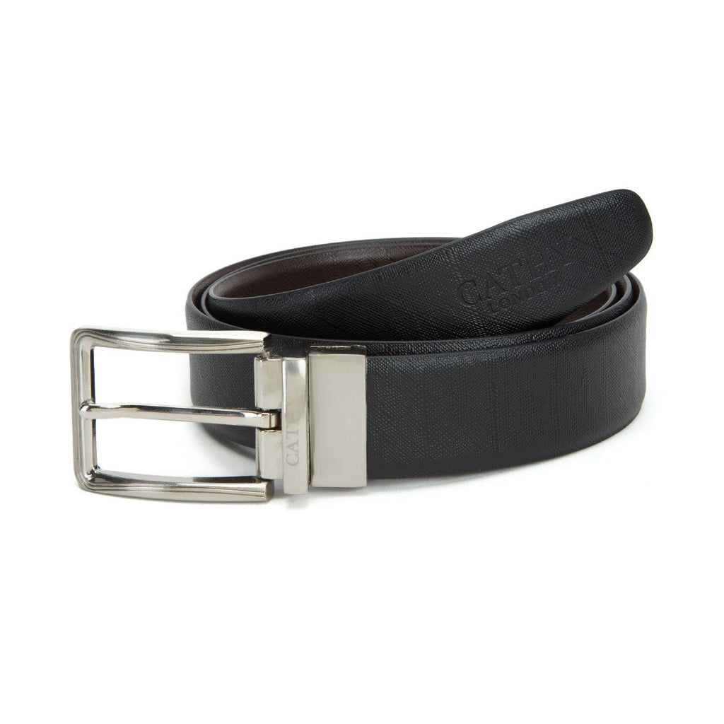 Men's Reversible Classic Dress Belt Top Grain Italian Leather Black & Brown with Rotating Silver Metal Buckle Cathy-London 