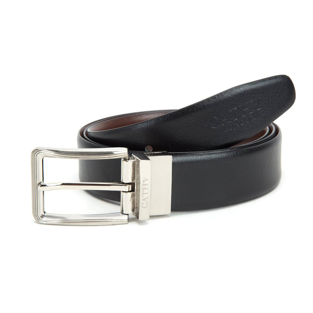Men's Reversible Classic Dress Belt Top Grain Italian Leather Black & Brown with Rotating Silver Metal Buckle Cathy-London 