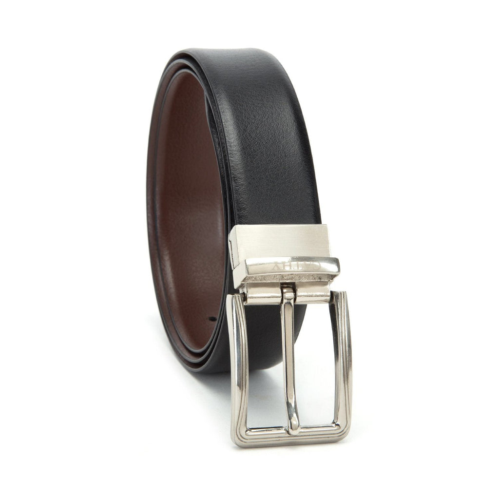 Men's Reversible Classic Dress Belt Top Grain Italian Leather Black & Brown with Rotating Silver Metal Buckle Cathy-London 