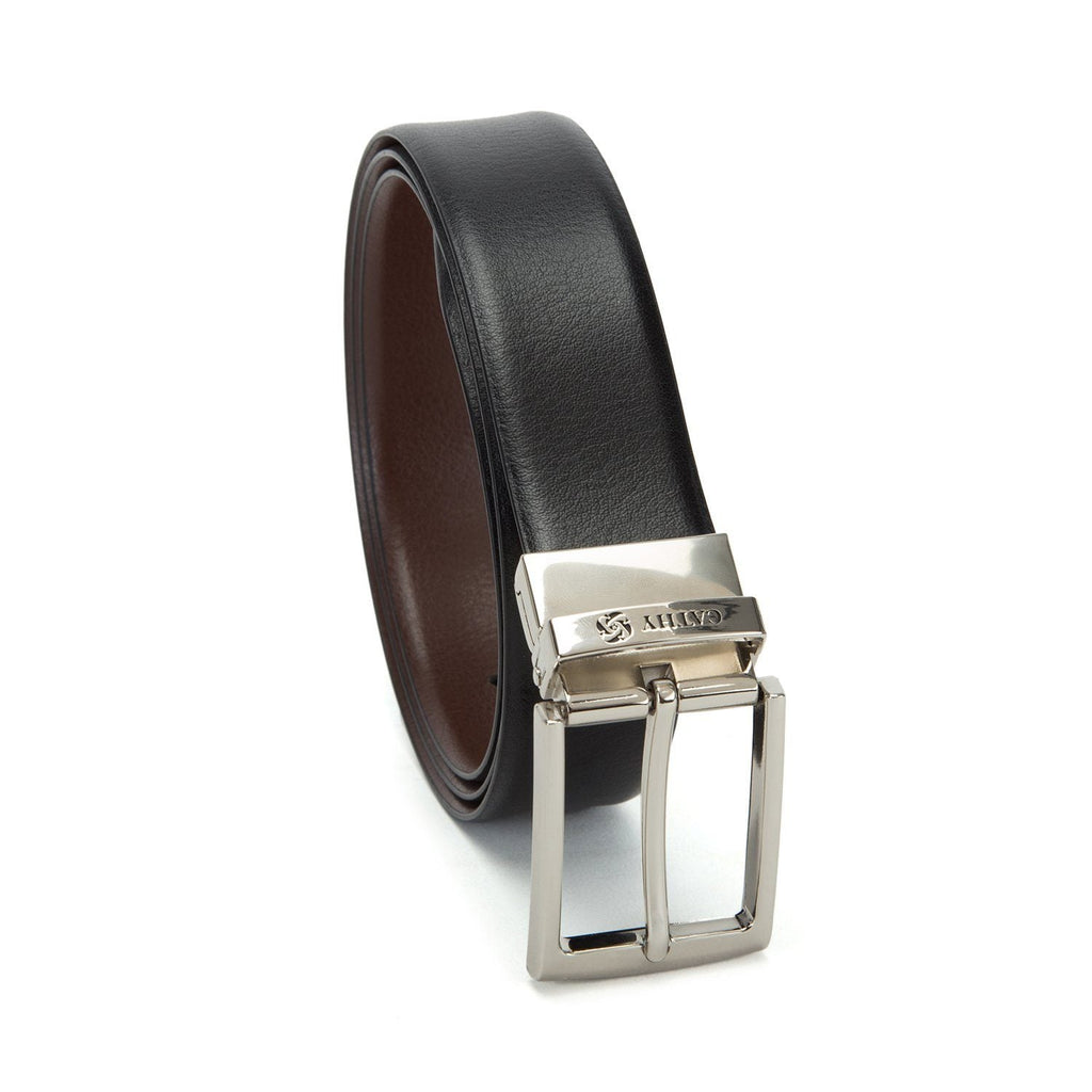 Men's Reversible Classic Dress Belt Top Grain Italian Leather Black & Brown with Rotating Silver Metal Buckle Cathy-London 