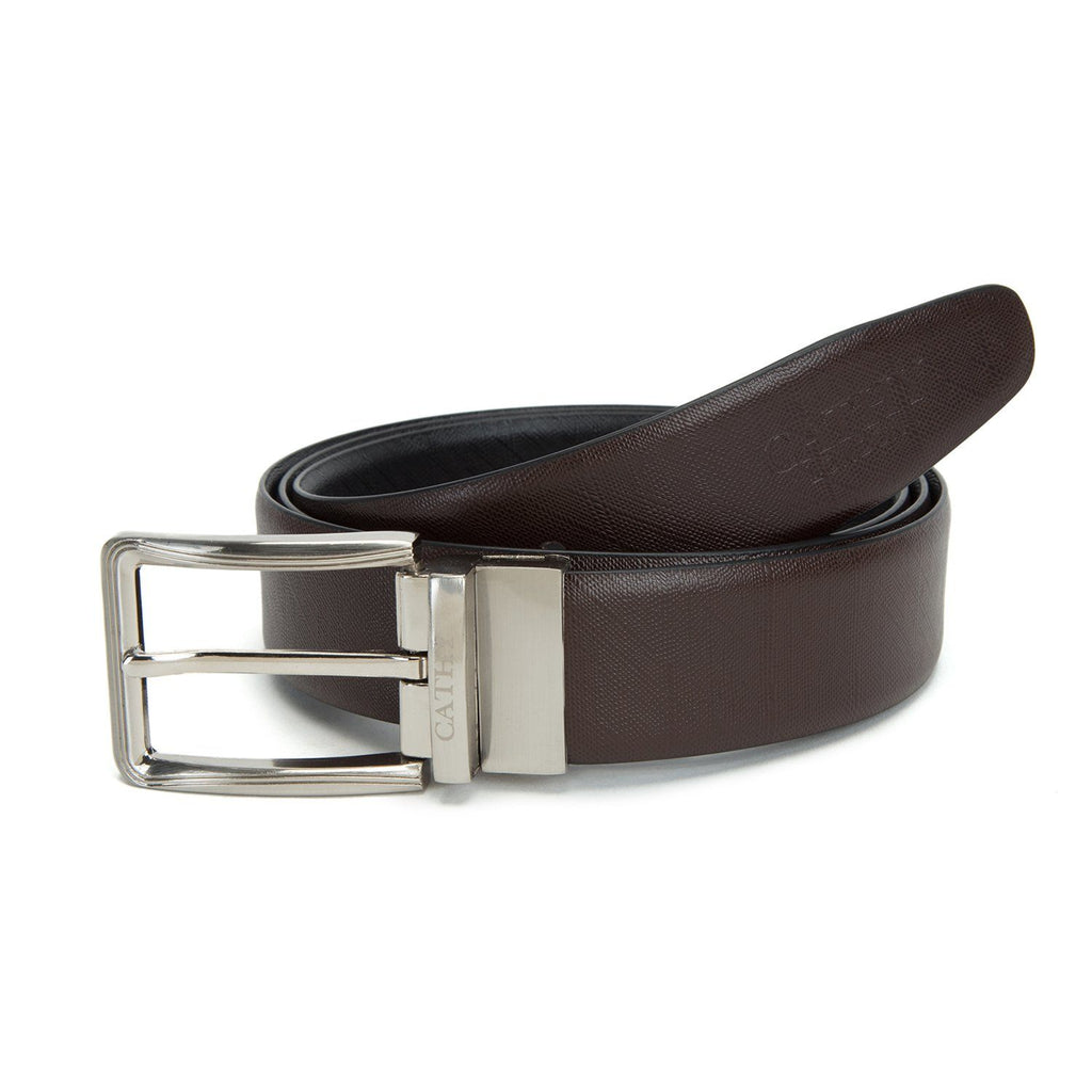 Men's Reversible Classic Dress Belt Top Grain Italian Leather Black & Brown with Rotating Silver Metal Buckle Cathy-London 