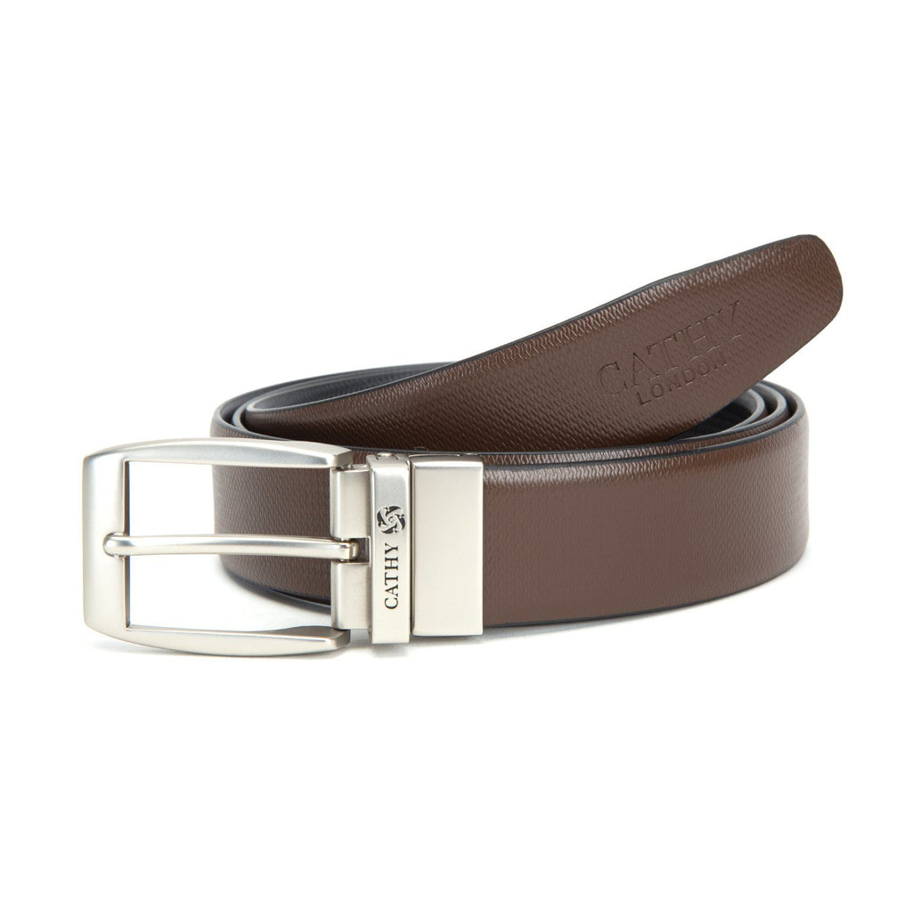 Men's Reversible Classic Dress Belt Top Grain Italian Leather Black & Brown with Rotating Silver Metal Buckle Cathy-London 
