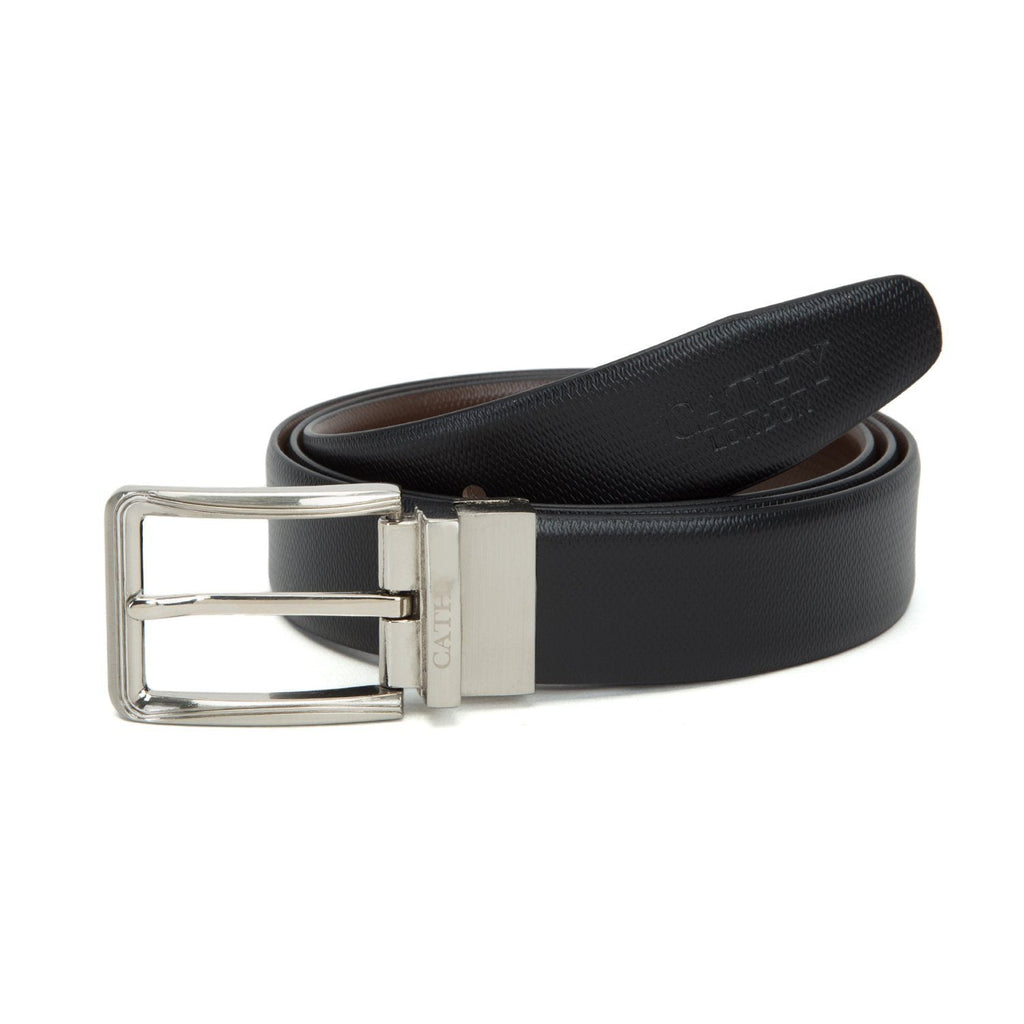 Men's Reversible Classic Dress Belt Top Grain Italian Leather Black & Brown with Rotating Silver Metal Buckle Cathy-London 