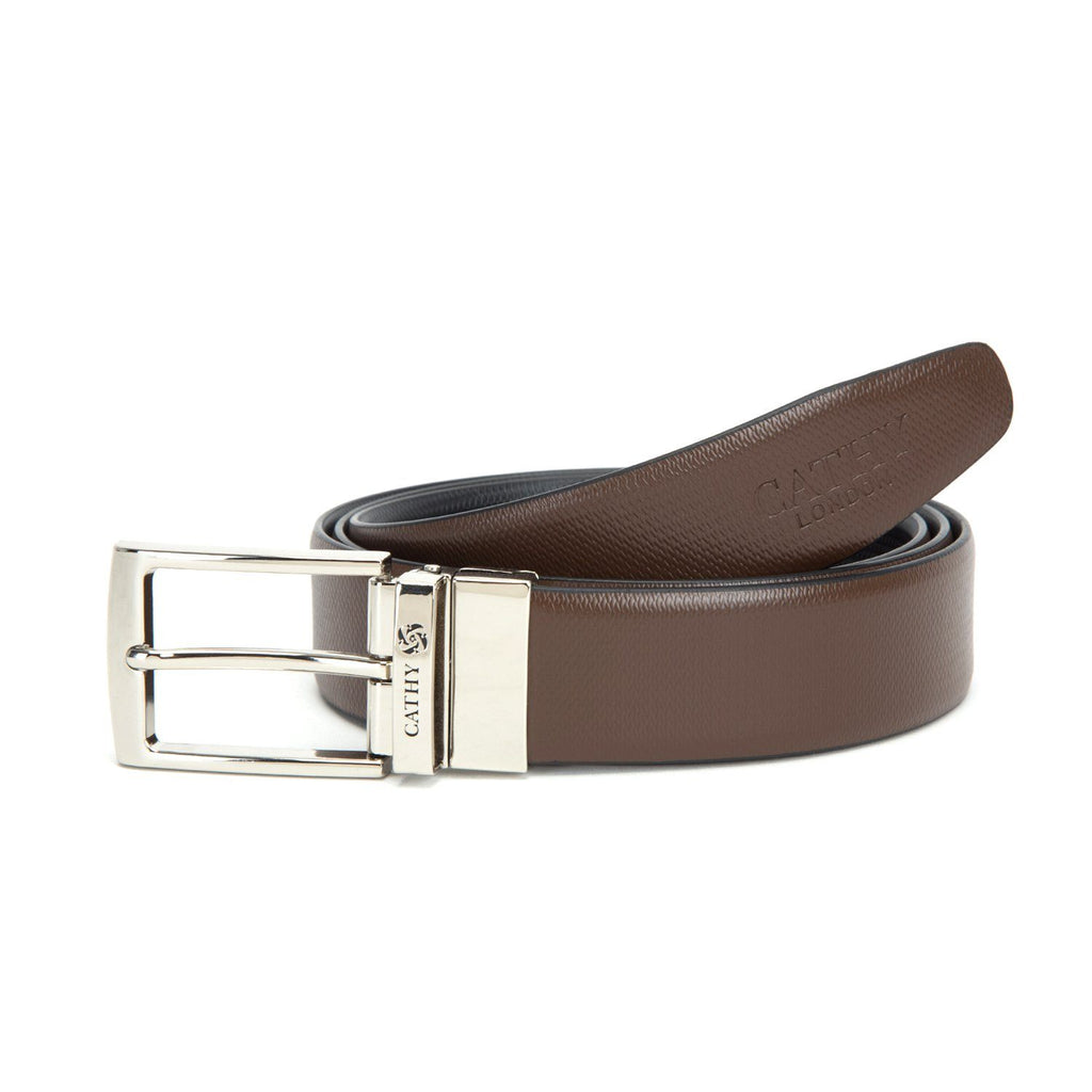 Men's Reversible Classic Dress Belt Top Grain Italian Leather Black & Brown with Rotating Silver Metal Buckle Cathy-London 