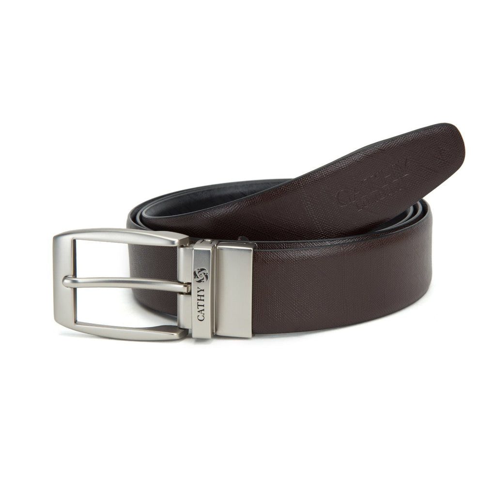 Men's Reversible Classic Dress Belt Top Grain Italian Leather Black & Brown with Rotating Silver Metal Buckle Cathy-London 
