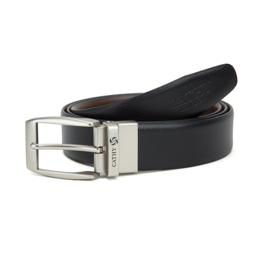 Men's Reversible Classic Dress Belt Top Grain Italian Leather Black & Brown with Rotating Silver Metal Buckle Cathy-London 