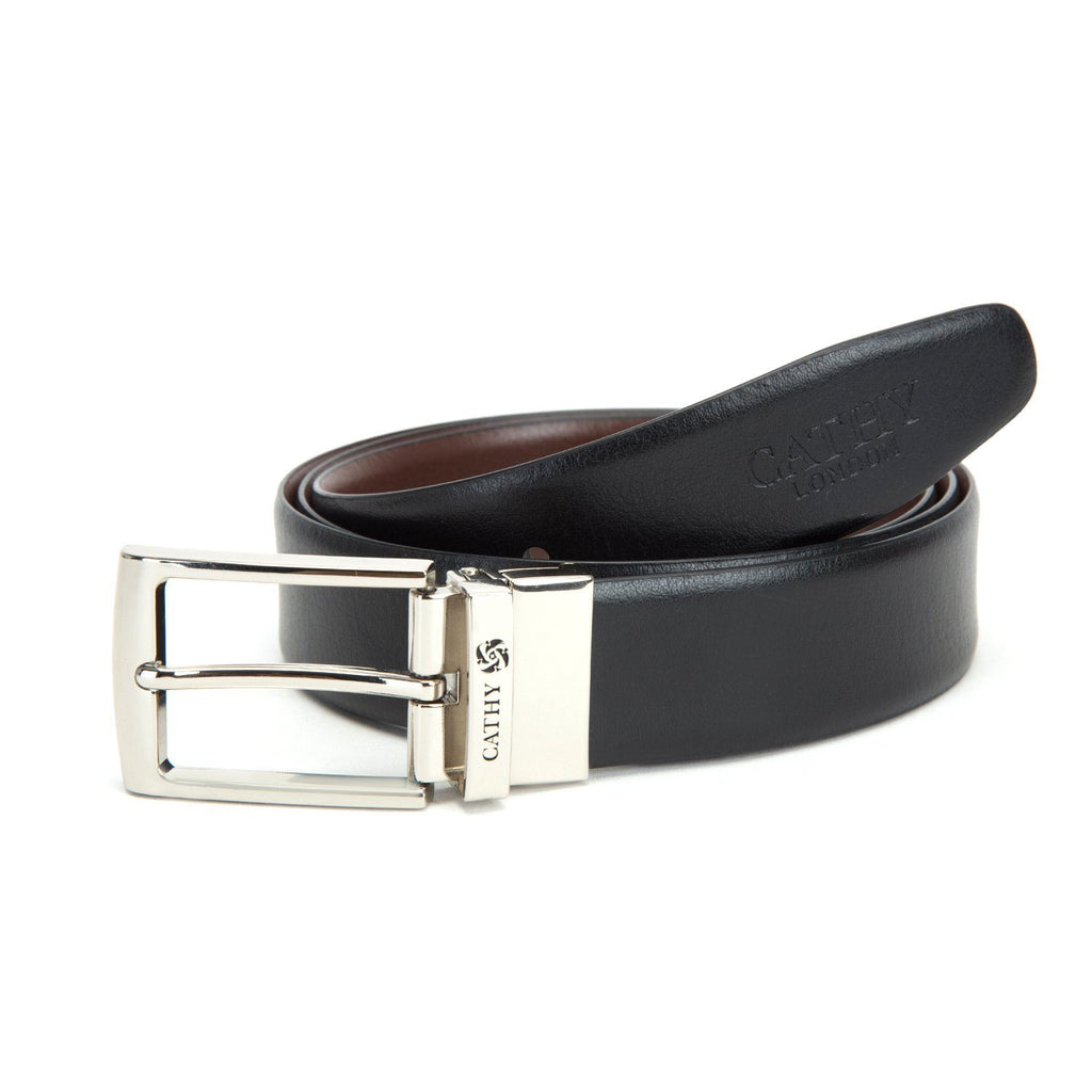 Men's Reversible Classic Dress Belt Top Grain Italian Leather Black & Brown with Rotating Silver Metal Buckle Cathy-London 