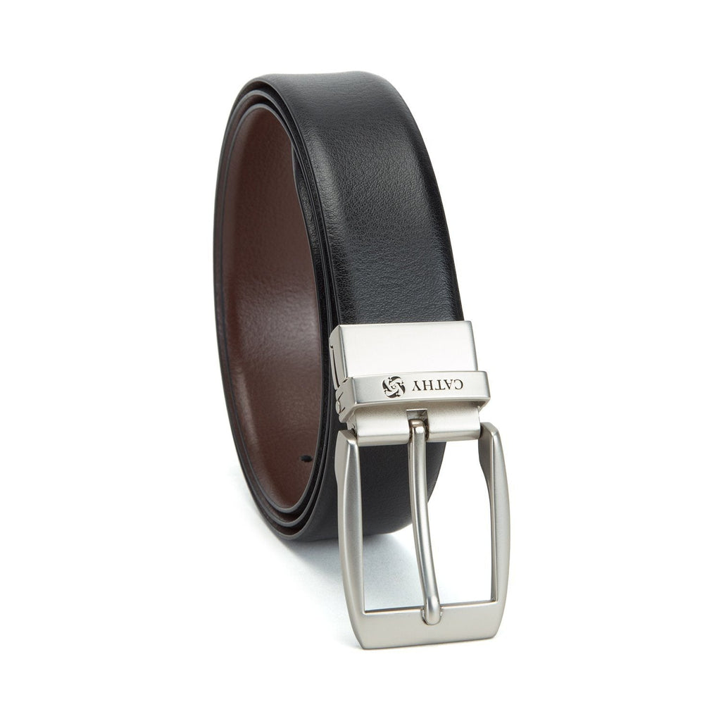 Men's Reversible Classic Dress Belt Top Grain Italian Leather Black & Brown with Rotating Silver Metal Buckle Cathy__London 