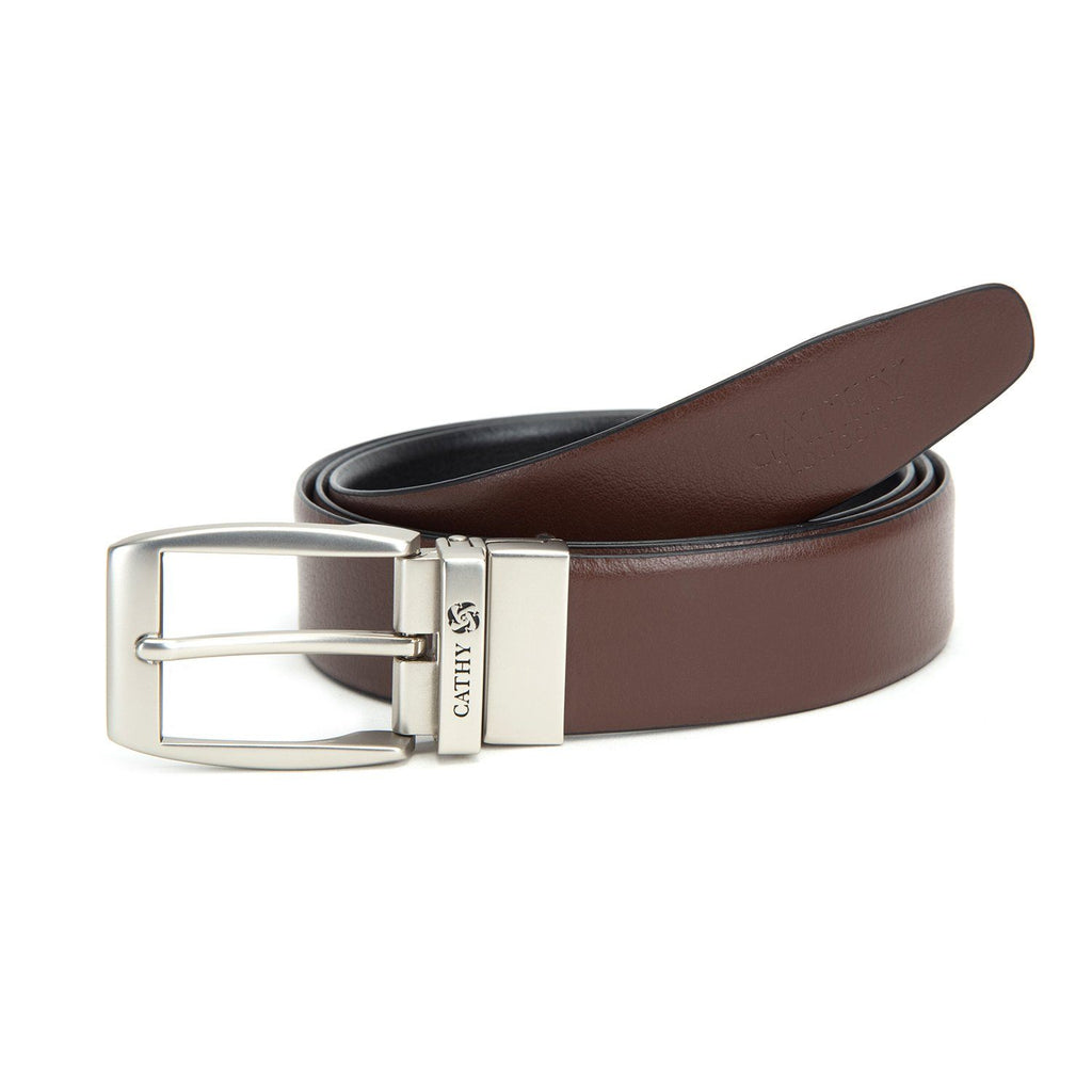 Men's Reversible Classic Dress Belt Top Grain Italian Leather Black & Brown with Rotating Silver Metal Buckle Cathy__London 