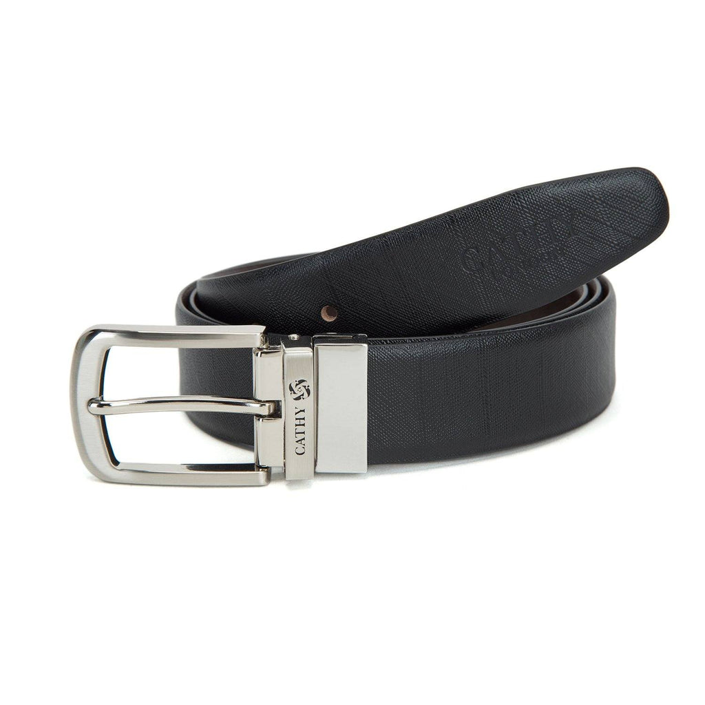 Men's Reversible Classic Dress Belt Top Grain Italian Leather Black & Brown with Rotating Silver Metal Buckle Cathy__London 