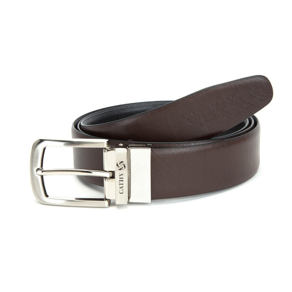 Men's Reversible Classic Dress Belt Top Grain Italian Leather Black & Brown with Rotating Silver Metal Buckle Cathy__London 