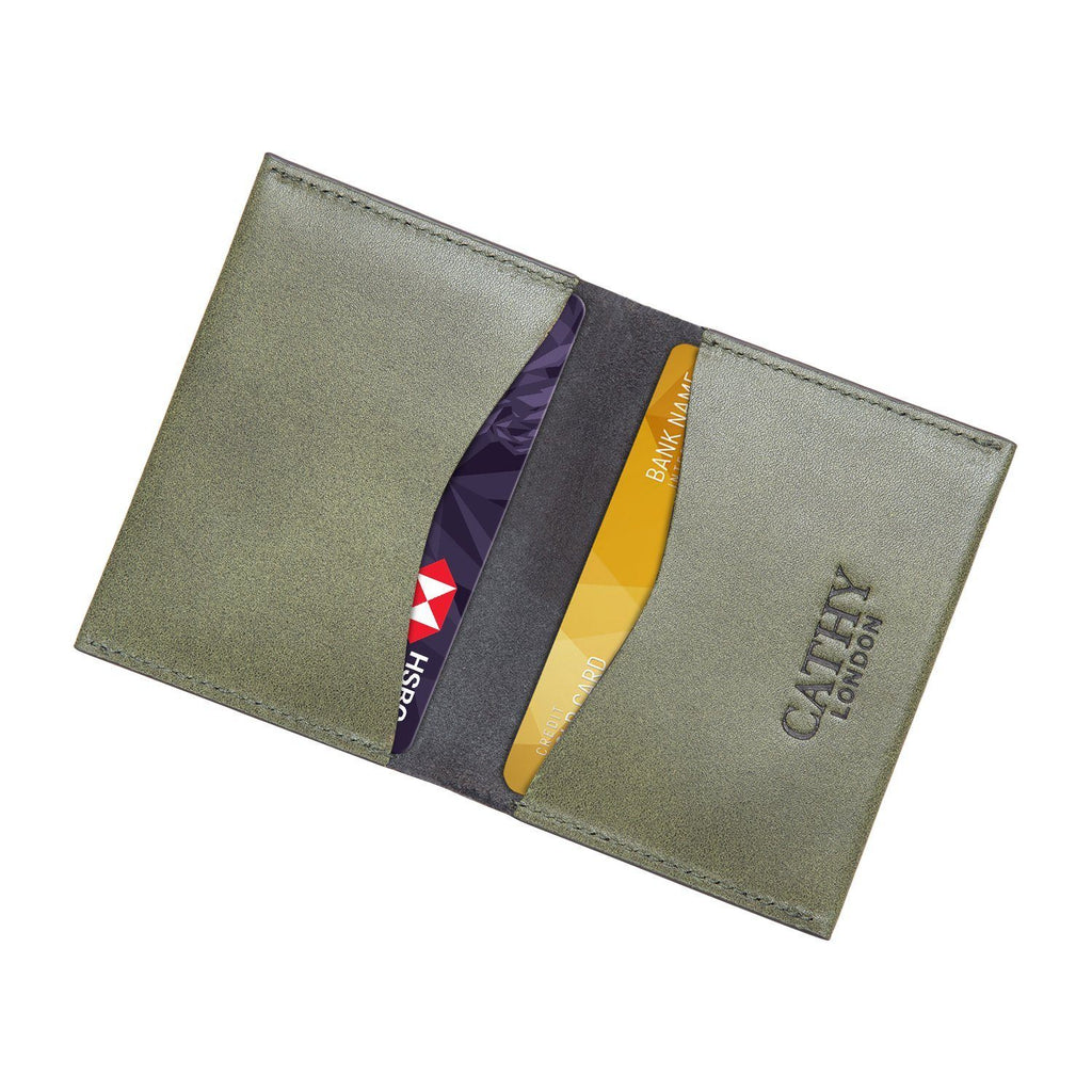 Olive Colour Bi-Fold Italian Leather Card Holder/Slim Wallet (Holds Upto 16+ Cards) Cathy London 
