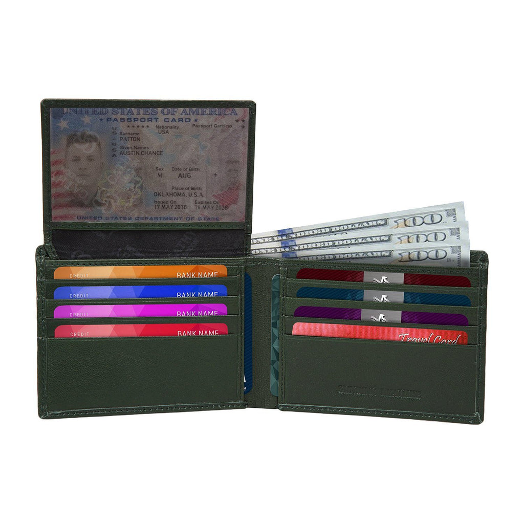 Olive Colour Bi-Fold Italian Leather Slim Wallet ( 8 Card Slot + 2 ID Slot + 2 Hidden Compartment + Cash Compartment) Cathy London 
