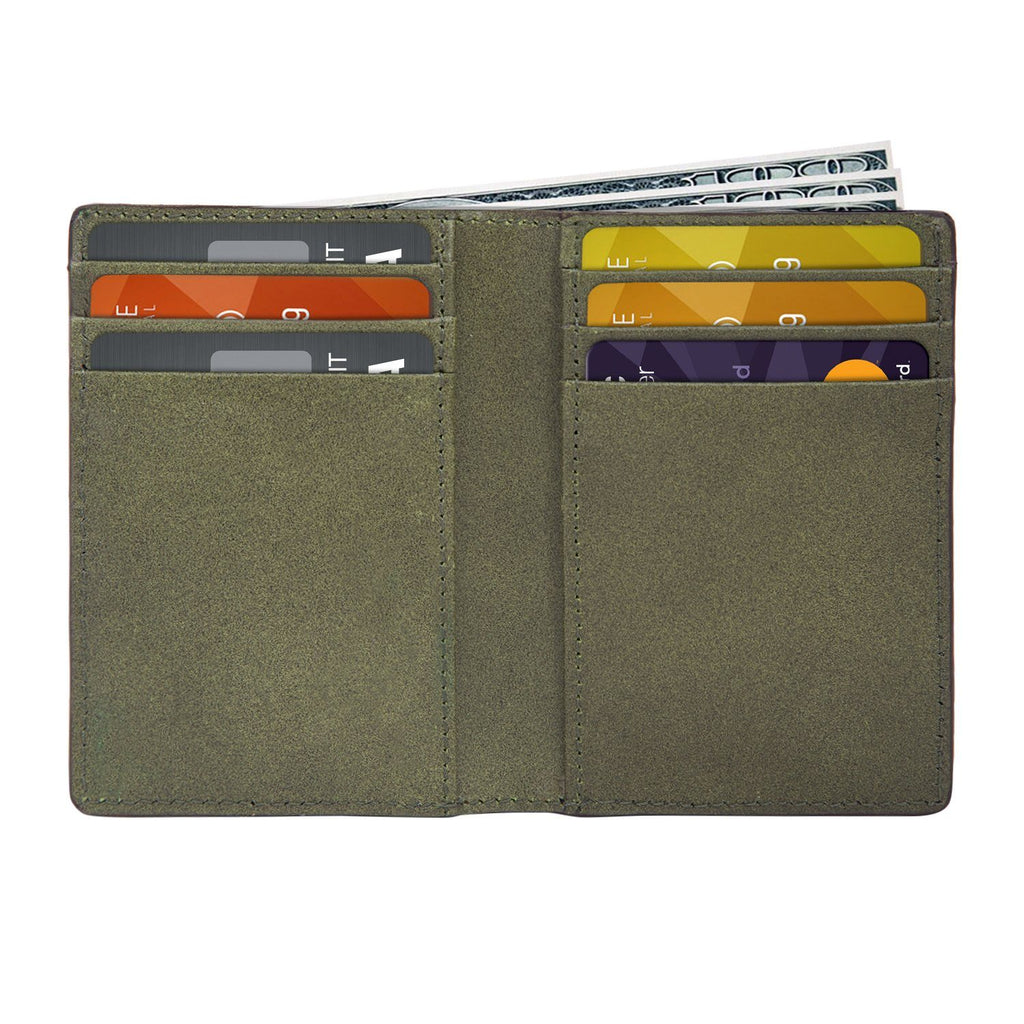 Olive Colour Bi-Fold Italian Leather Slim Wallet/Card Holder (9 Card Slot + 3 Hidden Compartment + 1 ID Slot + Cash Compartment) Cathy London 