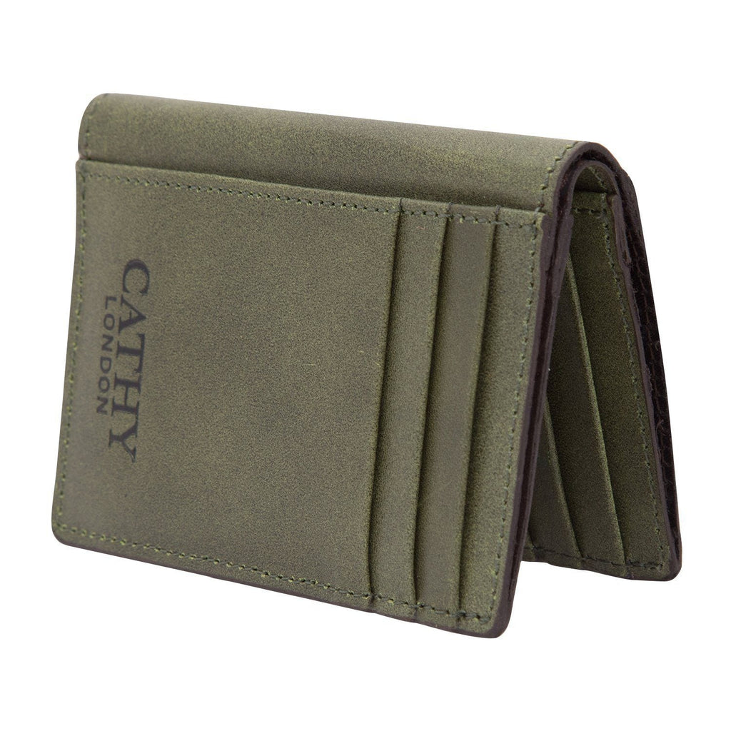 Olive Colour Bi-Fold Italian Leather Slim Wallet/Card Holder (9 Card Slot + 3 Hidden Compartment + 1 ID Slot + Cash Compartment) Cathy London 