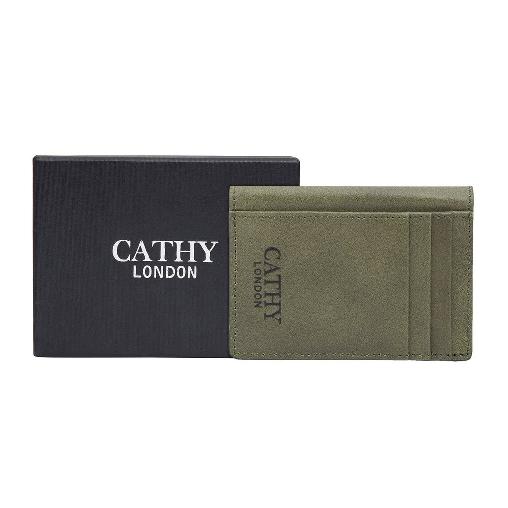 Olive Colour Bi-Fold Italian Leather Slim Wallet/Card Holder (9 Card Slot + 3 Hidden Compartment + 1 ID Slot + Cash Compartment) Cathy London 
