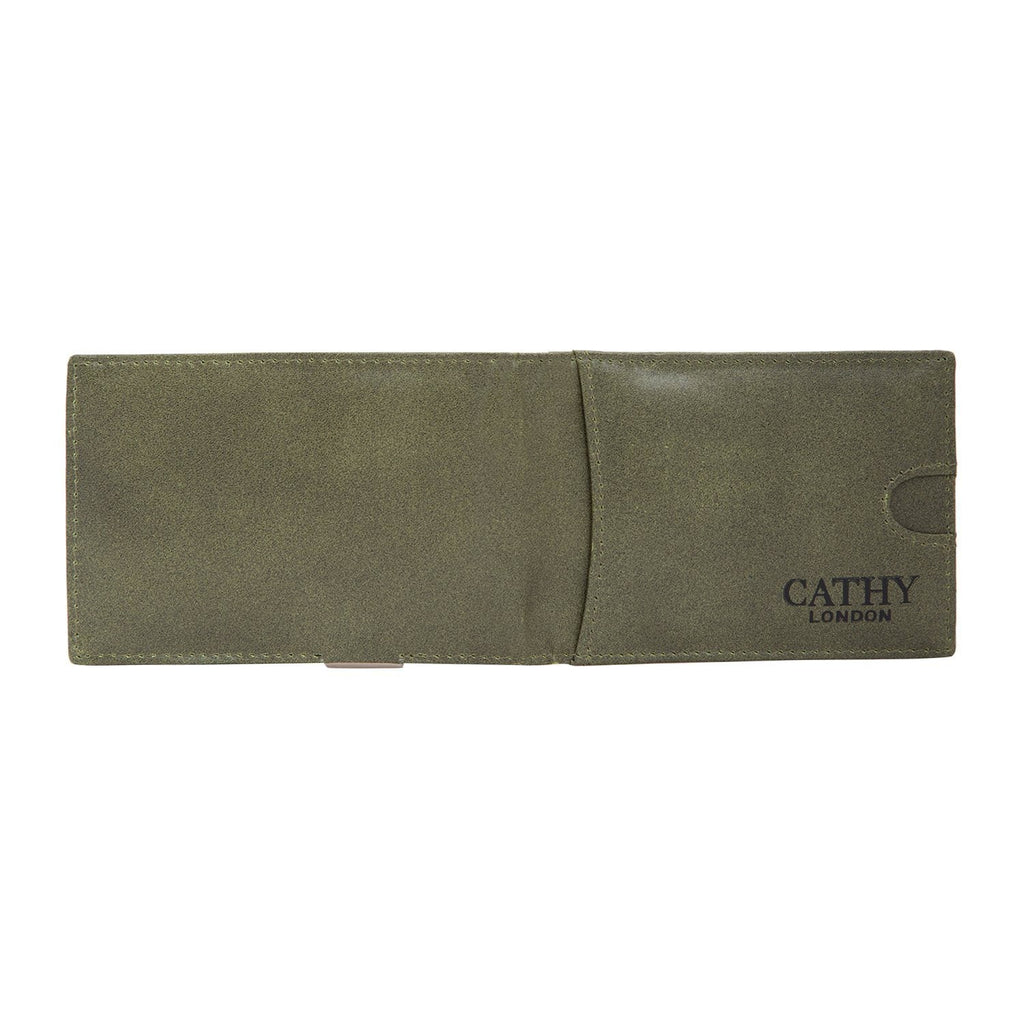 Olive Colour Italian Leather Money Clip/Slim Wallet (7 Card Slot + Money Clip) Cathy London 