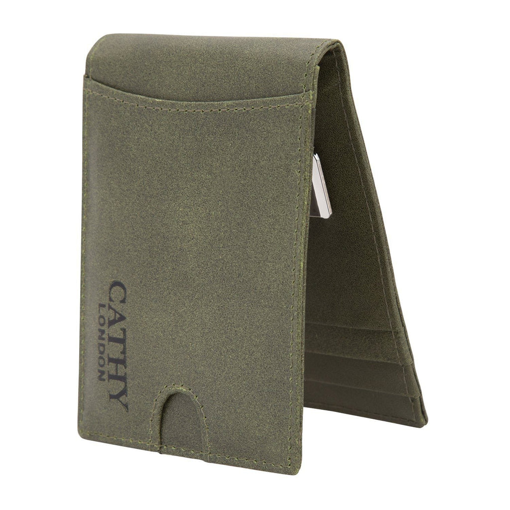 Olive Colour Italian Leather Money Clip/Slim Wallet (7 Card Slot + Money Clip) Cathy London 