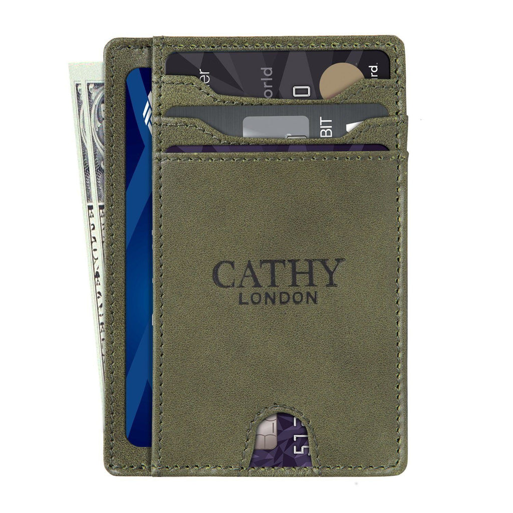 Olive Colour Italian Leather Slim Wallet/Card Holder (5 Card Slot + 1 ID Slot + Cash Compartment) Cathy London 