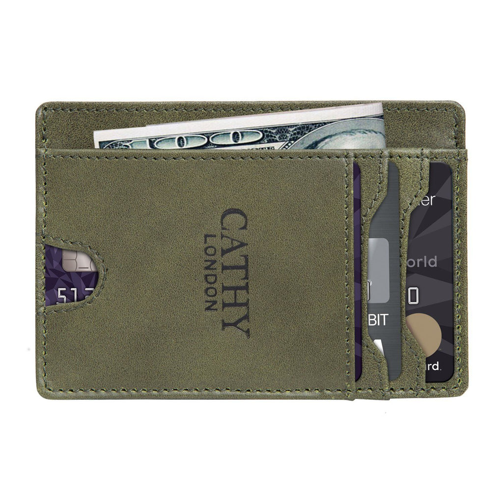 Olive Colour Italian Leather Slim Wallet/Card Holder (5 Card Slot + 1 ID Slot + Cash Compartment) Cathy London 