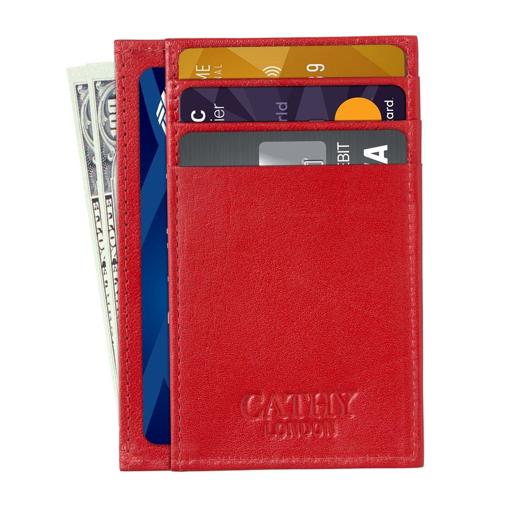 Red Colour Italian Leather Card Holder/Slim Wallet (6 Card Slots + 1 ID Slot + Cash Compartment) Cathy London 