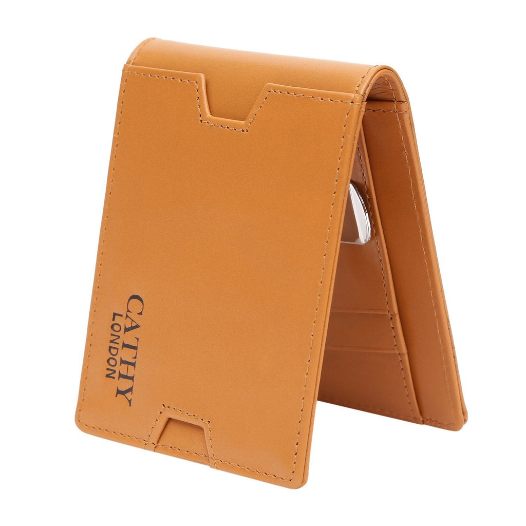 Tan Colour Bi-Fold Italian Leather Money Clip Card Holder/Slim Wallet (9 Card Slot + Money Clip + Coin Pocket) Cathy London 