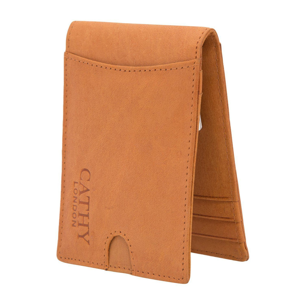 Tan Colour Bi-Fold Italian Leather Money Clip/Slim Wallet (7 Card Slot + Money Clip) Cathy London 