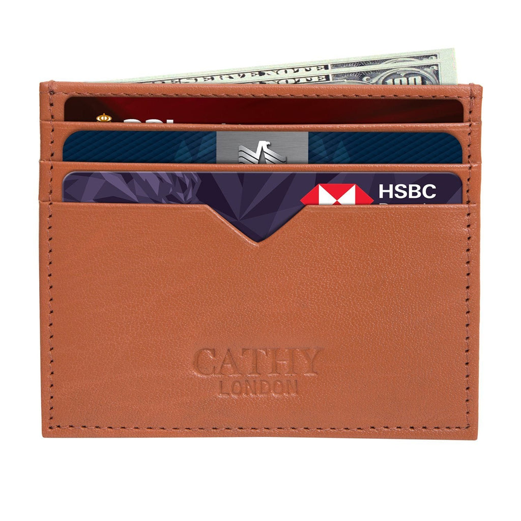 Tan Colour Italian Leather Card Holder/Slim Wallet (6 Card Slots + 1 ID Slot + Cash Compartment) Cathy London 