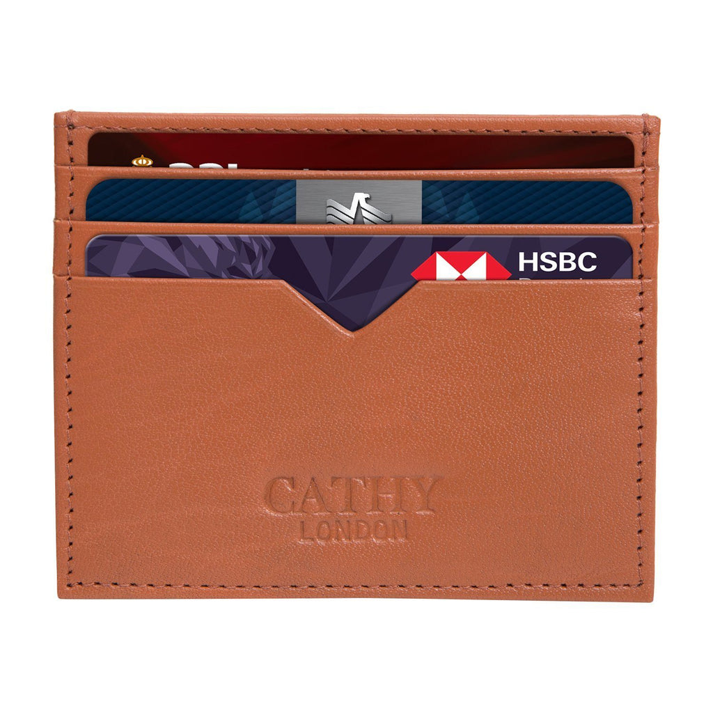 Tan Colour Italian Leather Card Holder/Slim Wallet (6 Card Slots + 1 ID Slot + Cash Compartment) Cathy London 