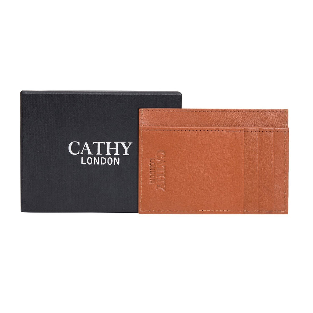 Tan Colour Italian Leather Card Holder/Slim Wallet (6 Card Slots + 1 ID Slot + Cash Compartment) Cathy London 